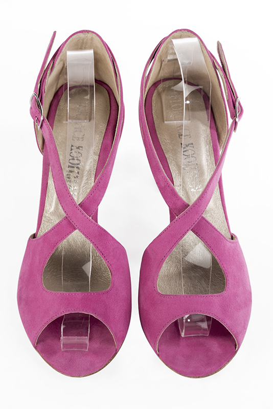 Shocking pink women's closed back sandals, with crossed straps. Round toe. High kitten heels. Top view - Florence KOOIJMAN